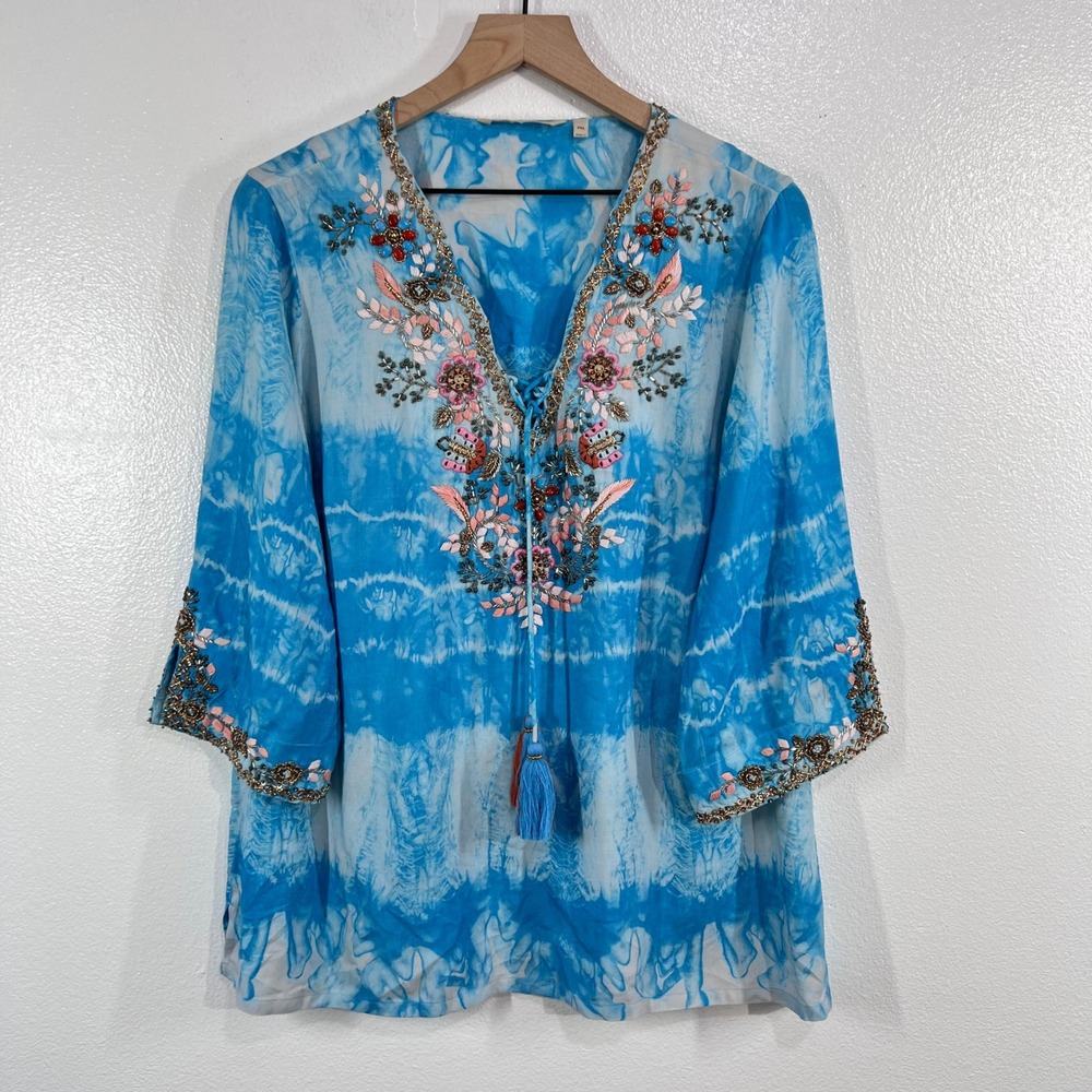 Soft Surroundings Beverly Tunic PXL Petite Blue Tie Dye Embroidered Boho Blouse